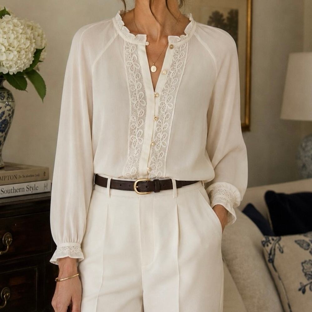 Spartina 449 M 100% Silk Cream Sheer Button Front Blouse Victorian Romantic EUC